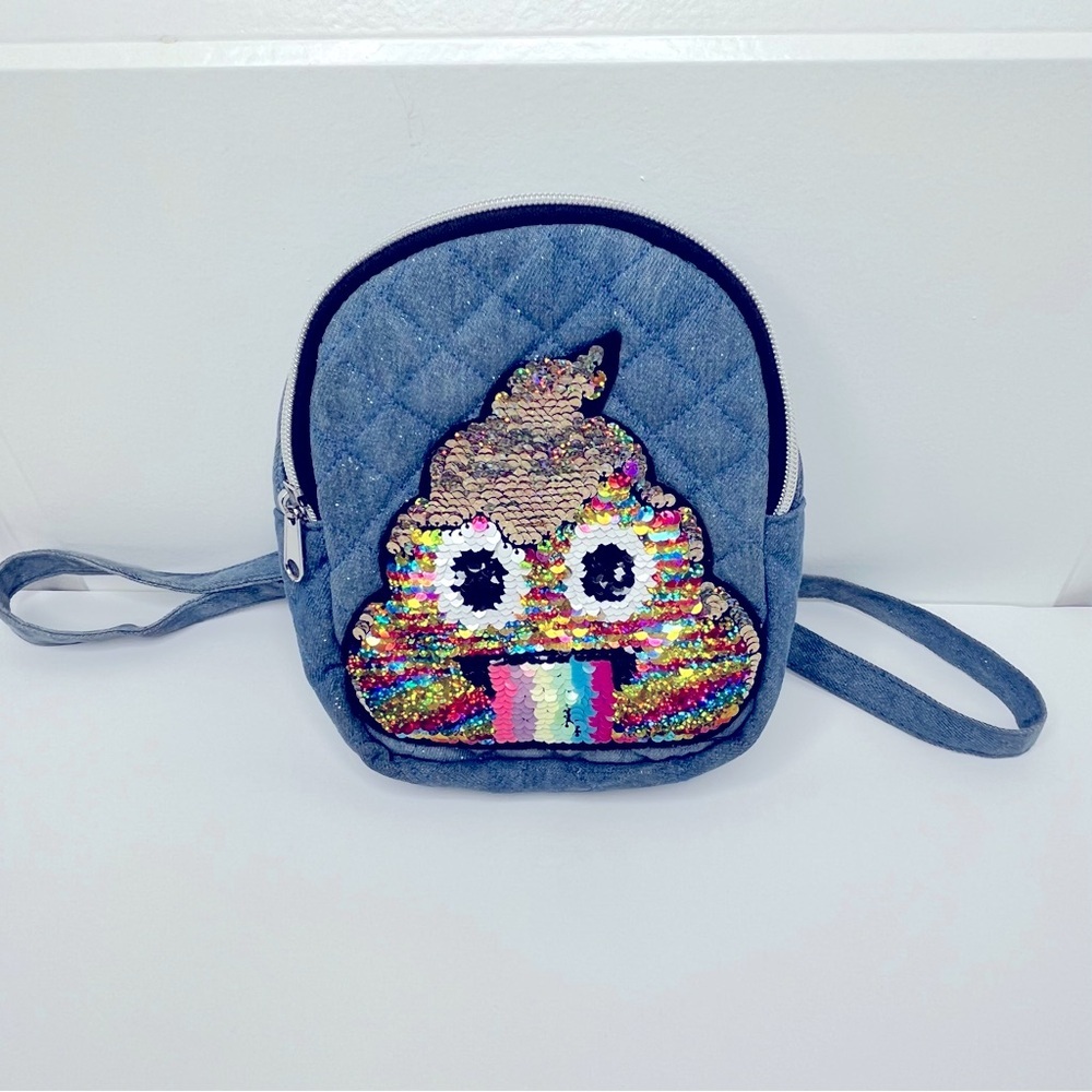 Children’s Place Denim Mini Backpack - Sequin Poop Emoji Design
